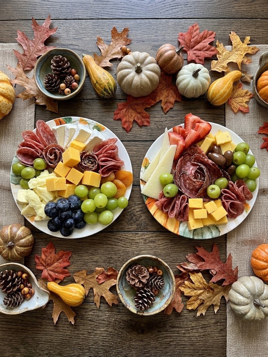 Two autumn charcuterie boards on a rustic table with fall pumpkins and leaves